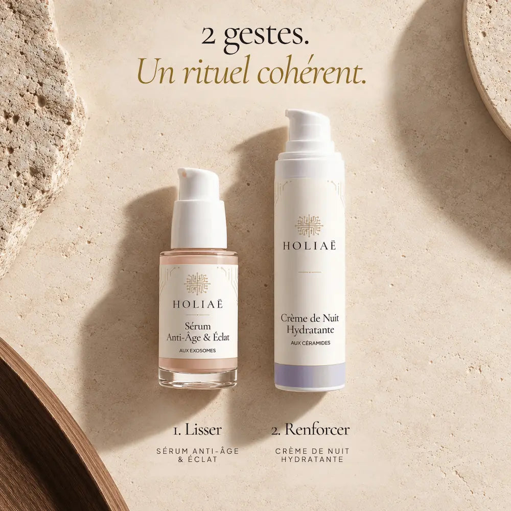 Sérum Exosomes Anti-Âge et crème de nuit aux céramides HOLIAĒ présentés comme soins complémentaires