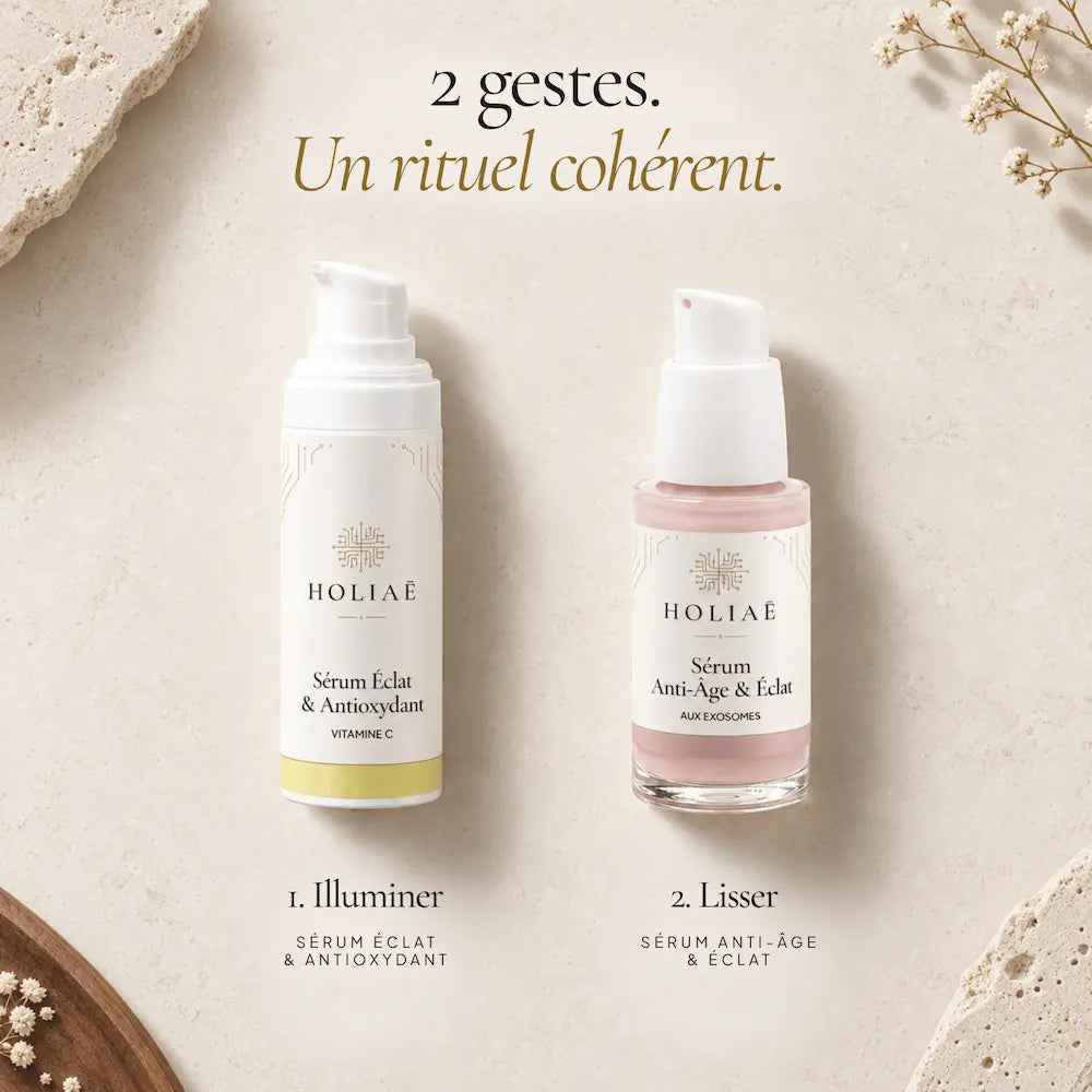 Sérum Vitamine C et sérum Exosomes HOLIAĒ présentés comme deux soins complémentaires pour l’éclat