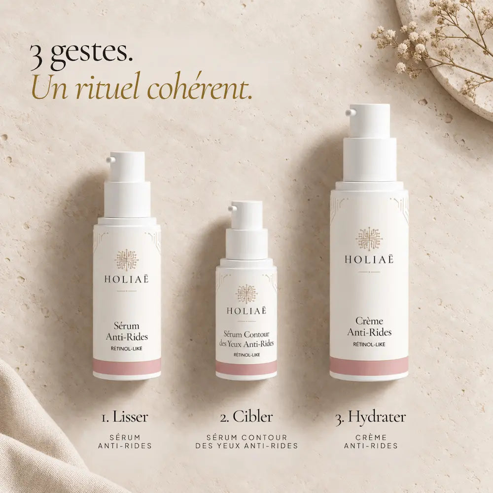 Sérum, soin contour des yeux et crème Rétinol-Like HOLIAĒ présentés dans l’ordre du rituel
