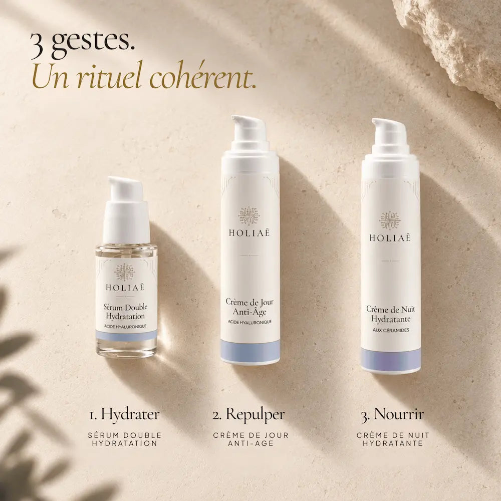 Sérum acide hyaluronique, crème de jour et crème de nuit HOLIAĒ présentés dans le rituel hydratation