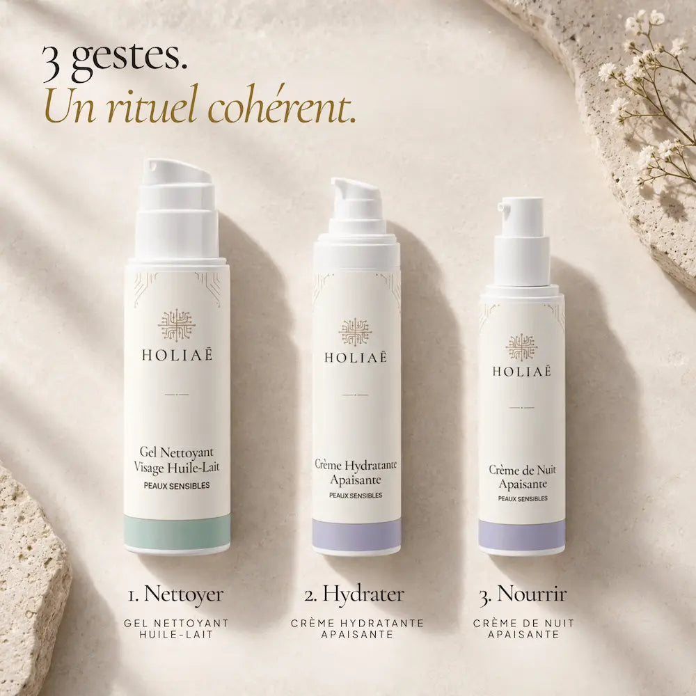 Nettoyant huile-lait, crème hydratante et crème de nuit HOLIAĒ présentés dans le rituel peaux sensibles