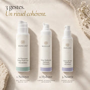 Nettoyant huile-lait, crème hydratante et crème de nuit HOLIAĒ présentés dans le rituel peaux sensibles