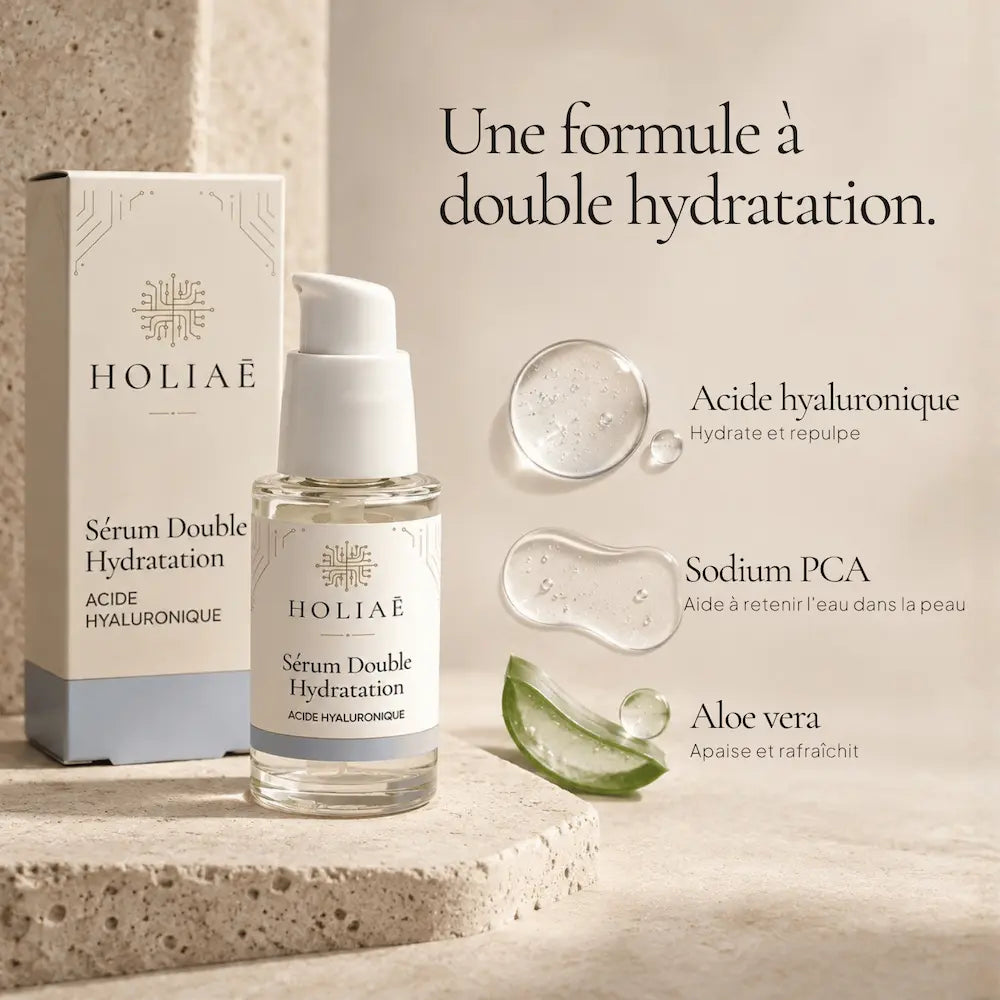 Sérum Double Hydratation HOLIAĒ avec deux formes d’acide hyaluronique, Sodium PCA et aloe vera