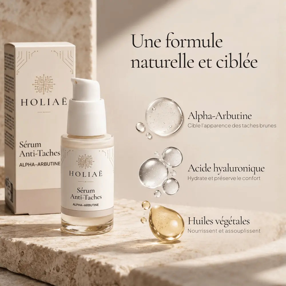 Sérum Anti-Taches HOLIAĒ avec alpha-arbutine, acide hyaluronique et actifs hydratants présentés autour du produit