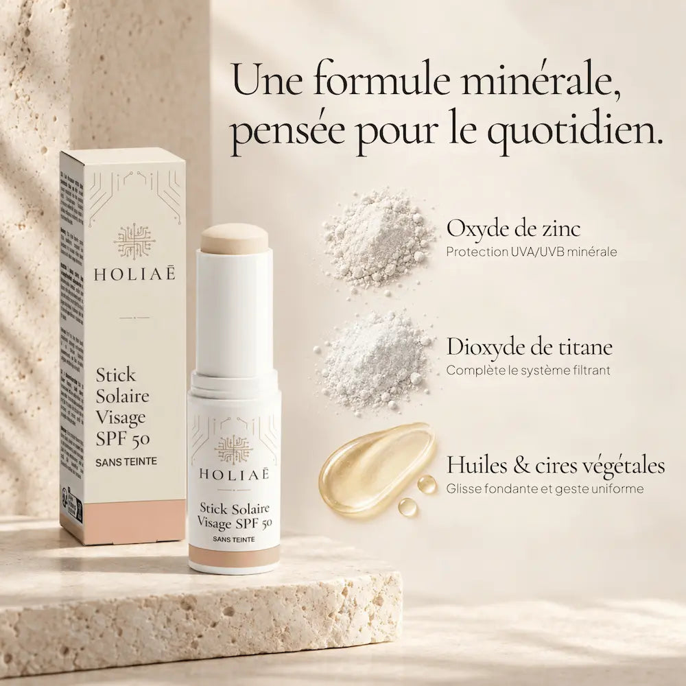 Stick Solaire SPF50 HOLIAĒ avec oxyde de zinc et dioxyde de titane, filtres minéraux
