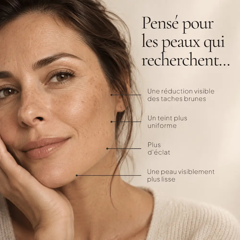 Portrait de femme illustrant les besoins ciblés par le Correcteur Anti-Taches à l’Acide Kojique 1 % HOLIAĒ