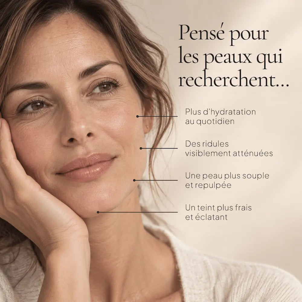 Portrait de femme illustrant les besoins ciblés par la Crème de Jour Anti-Âge à l’Acide Hyaluronique HOLIAĒ