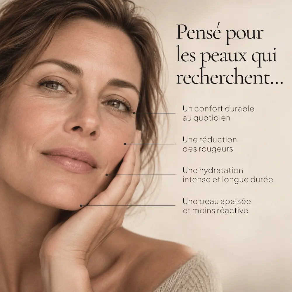 Portrait de femme illustrant les besoins des peaux sensibles ciblés par la Crème de Nuit Apaisante HOLIAĒ