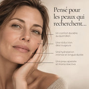 Portrait de femme illustrant les besoins des peaux sensibles ciblés par la Crème de Nuit Apaisante HOLIAĒ