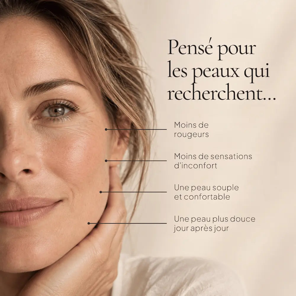 Portrait de femme illustrant les besoins des peaux sensibles ciblés par la Crème Hydratante Apaisante HOLIAĒ