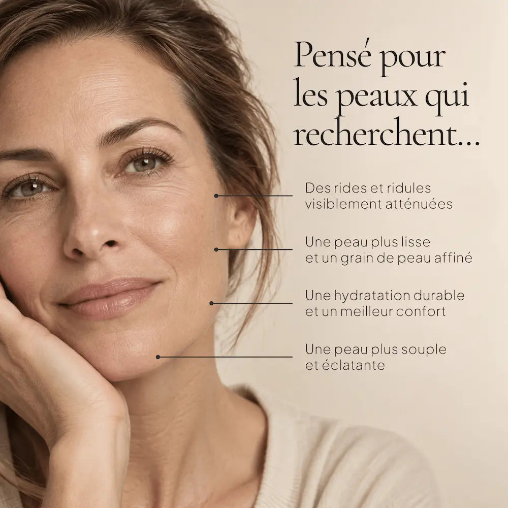 Portrait de femme illustrant les besoins ciblés par la Crème Lissante Anti-Rides Rétinol-Like HOLIAĒ