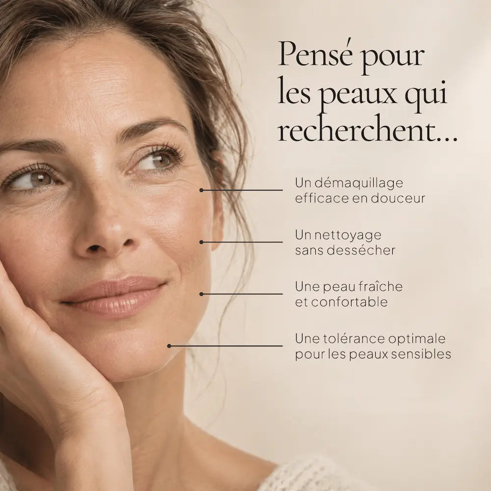 Portrait de femme illustrant les besoins des peaux sensibles ciblés par le Gel Nettoyant Huile-Lait HOLIAĒ