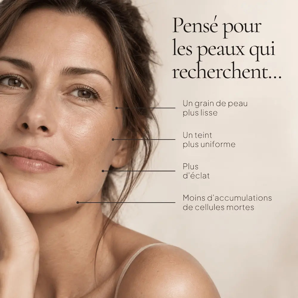 Portrait de femme illustrant les besoins ciblés par la Lotion Exfoliante à l’Acide Glycolique AHA 5 % HOLIAĒ