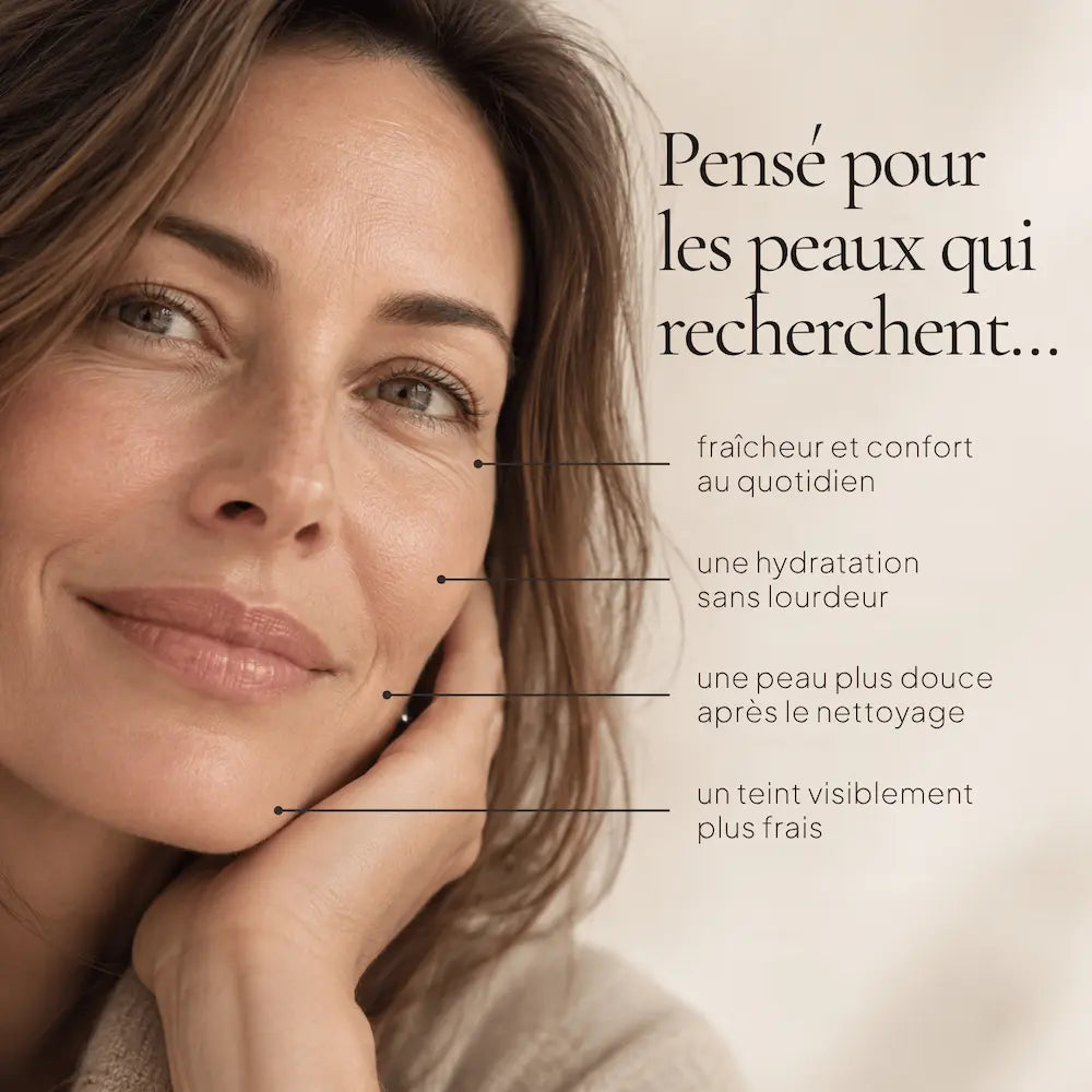 Portrait de femme illustrant les besoins ciblés par la Lotion Tonique Hydratante à l’Eau de Rose HOLIAĒ