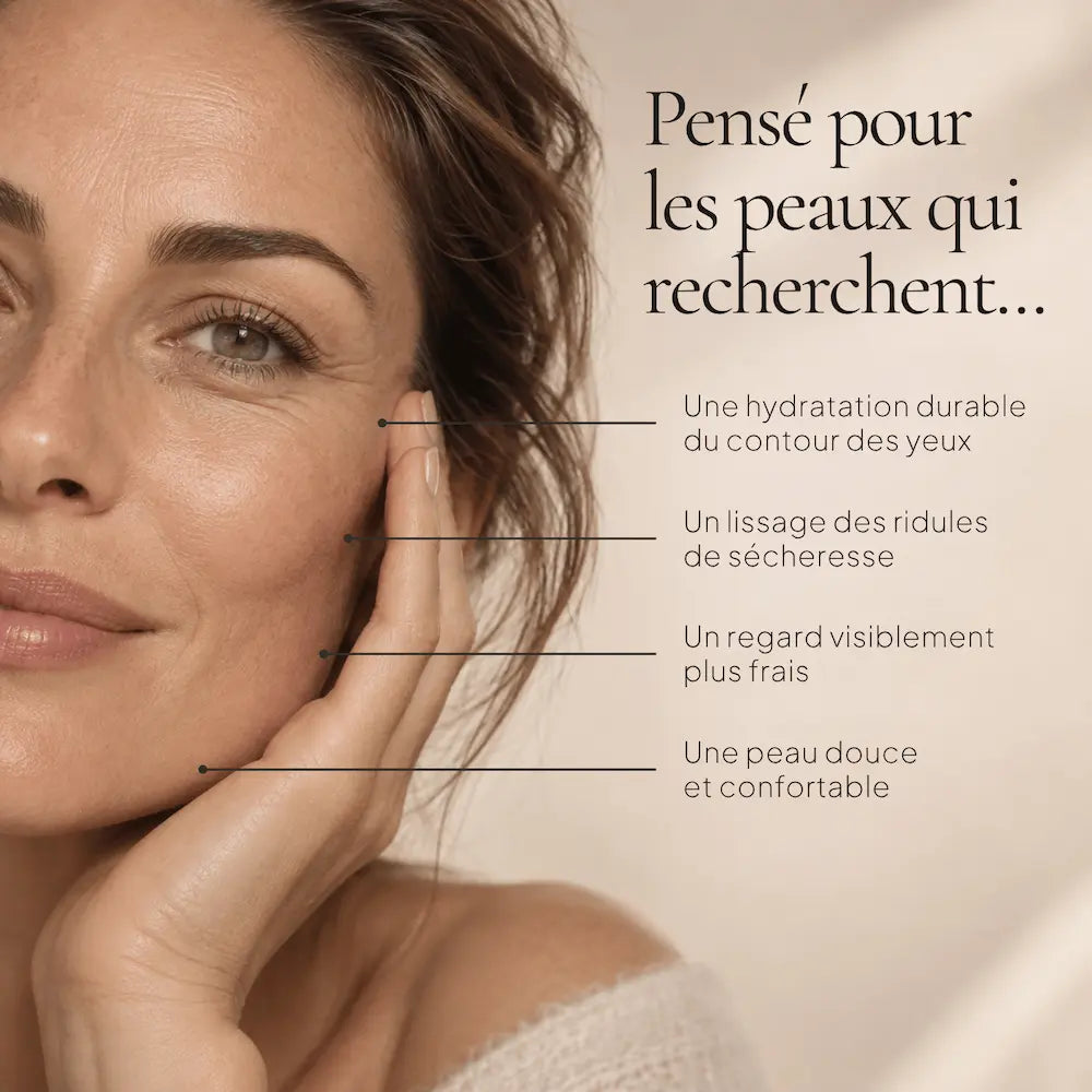 Portrait de femme illustrant les besoins ciblés par les Patchs Yeux Hydrogel Hydratants & Lissants HOLIAĒ