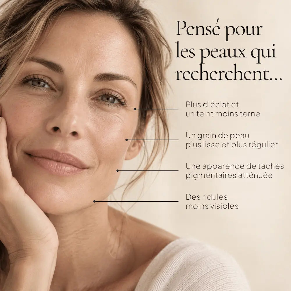 Portrait de femme illustrant les besoins ciblés par le Peeling Visage AHA 10% à l’Acide Lactique HOLIAĒ