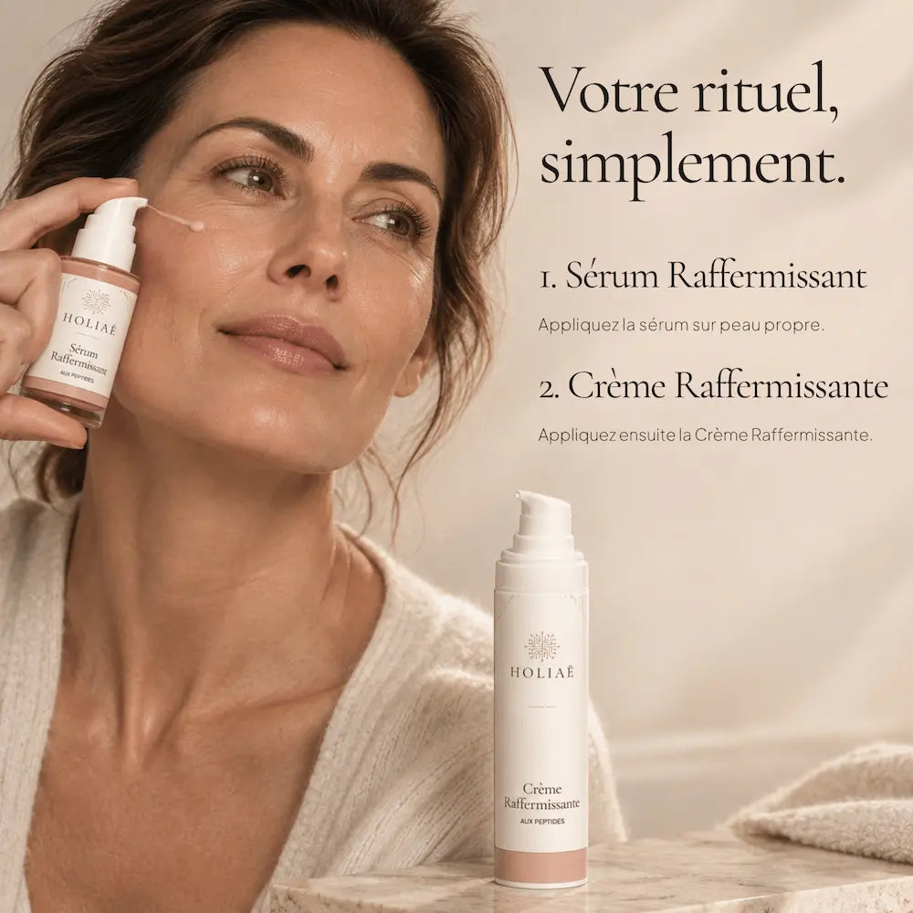 Application de la routine Duo Anti-Âge aux Peptides HOLIAĒ sur le visage