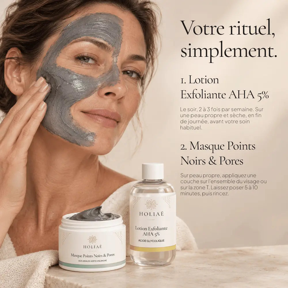Utilisation de la lotion AHA et du masque aux argiles HOLIAĒ selon les besoins de la peau