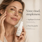 Application du sérum et des patchs de la routine Contour des Yeux Anti-Rides HOLIAĒ