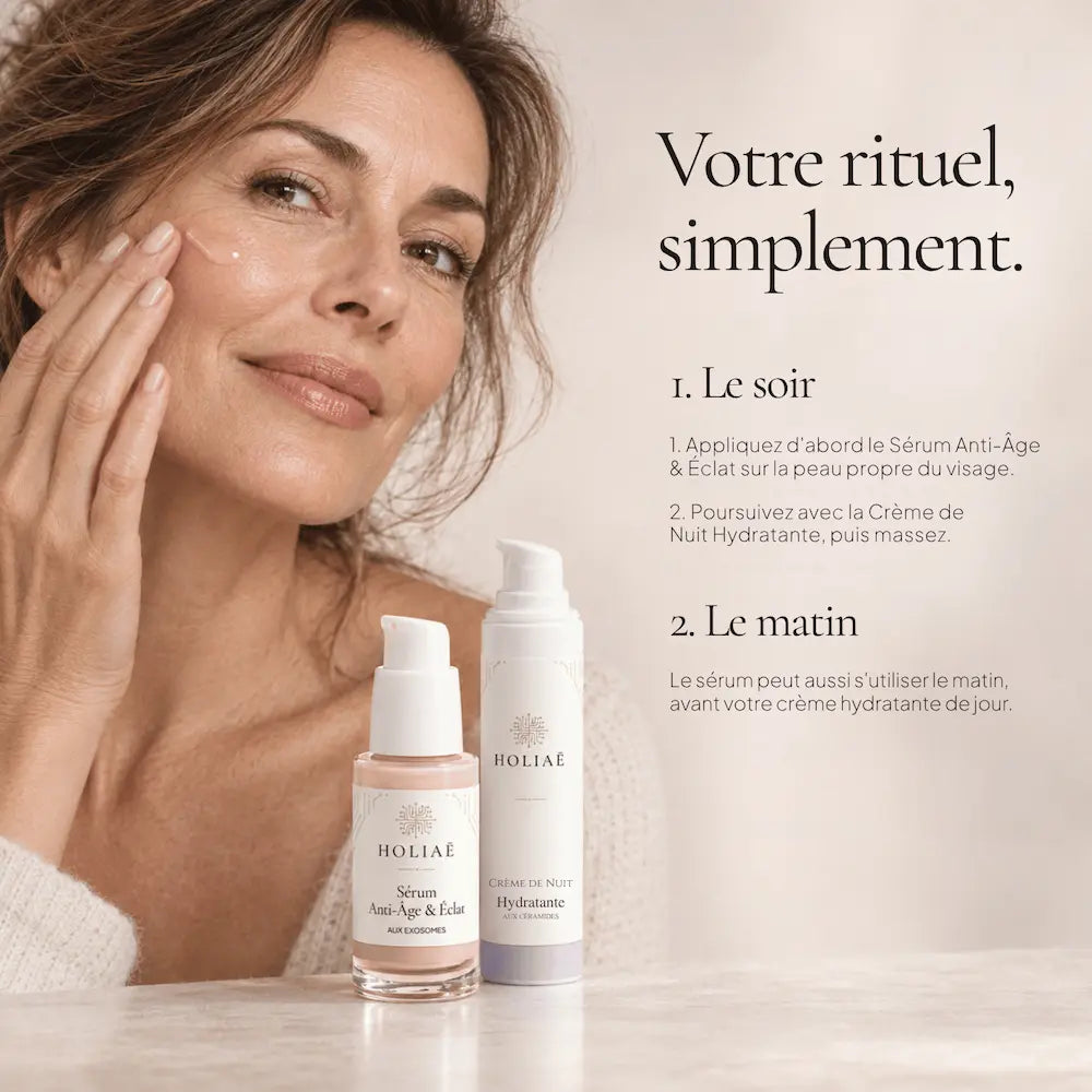Application de la routine Duo Peau Mature et Barrière HOLIAĒ sur le visage