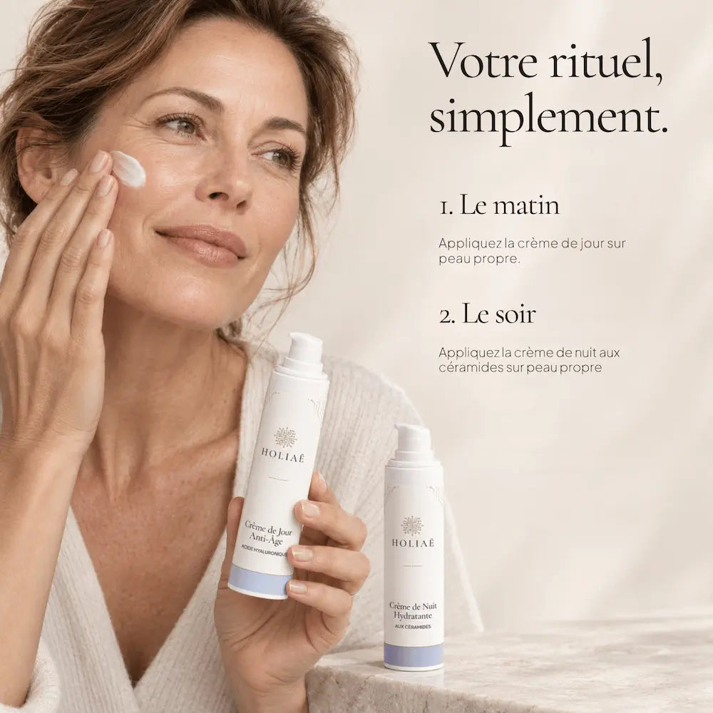 Application de la routine visage HOLIAĒ avec crème de jour le matin et crème de nuit le soir