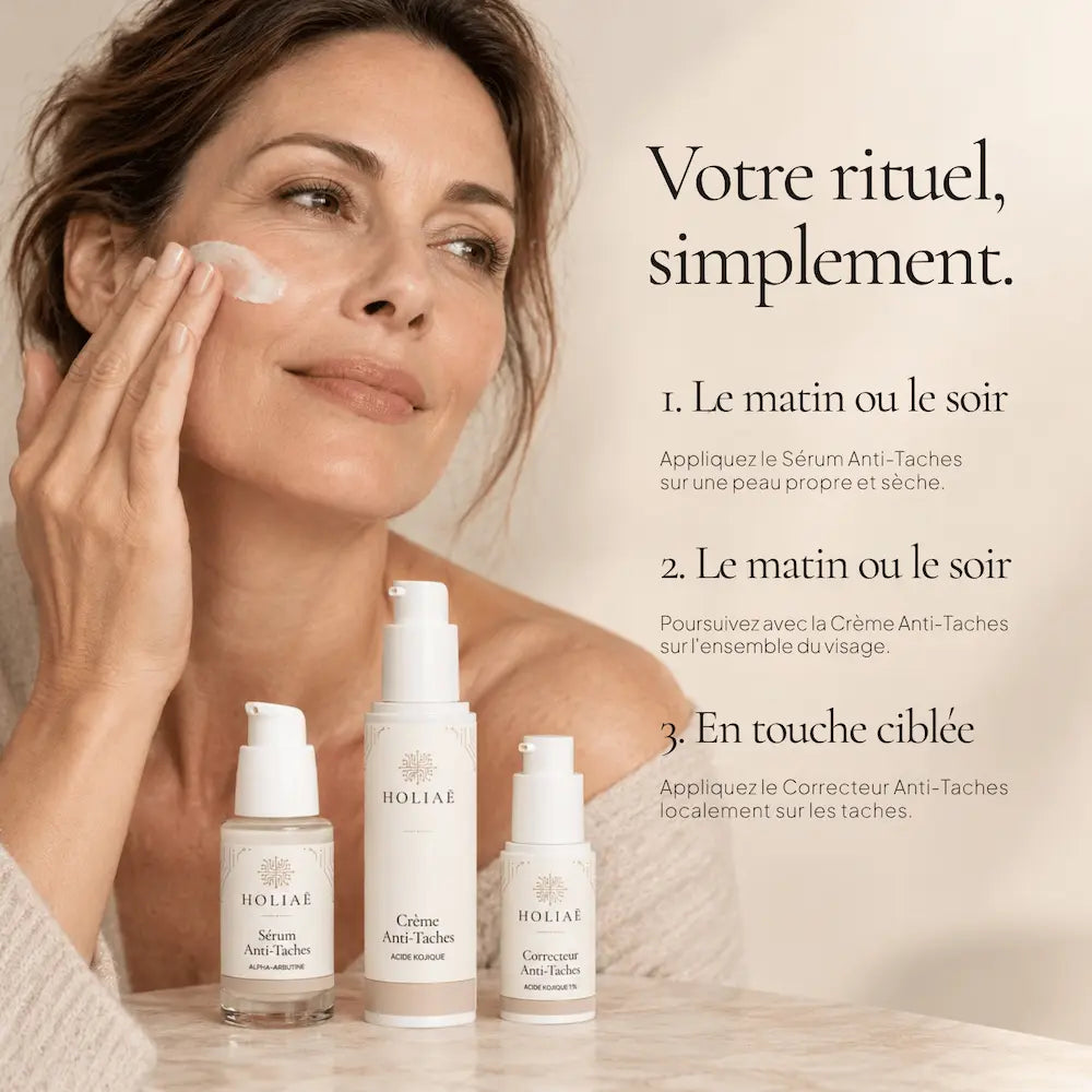 Application de la routine Anti-Taches Intensive HOLIAĒ sur le visage avec correction locale des taches