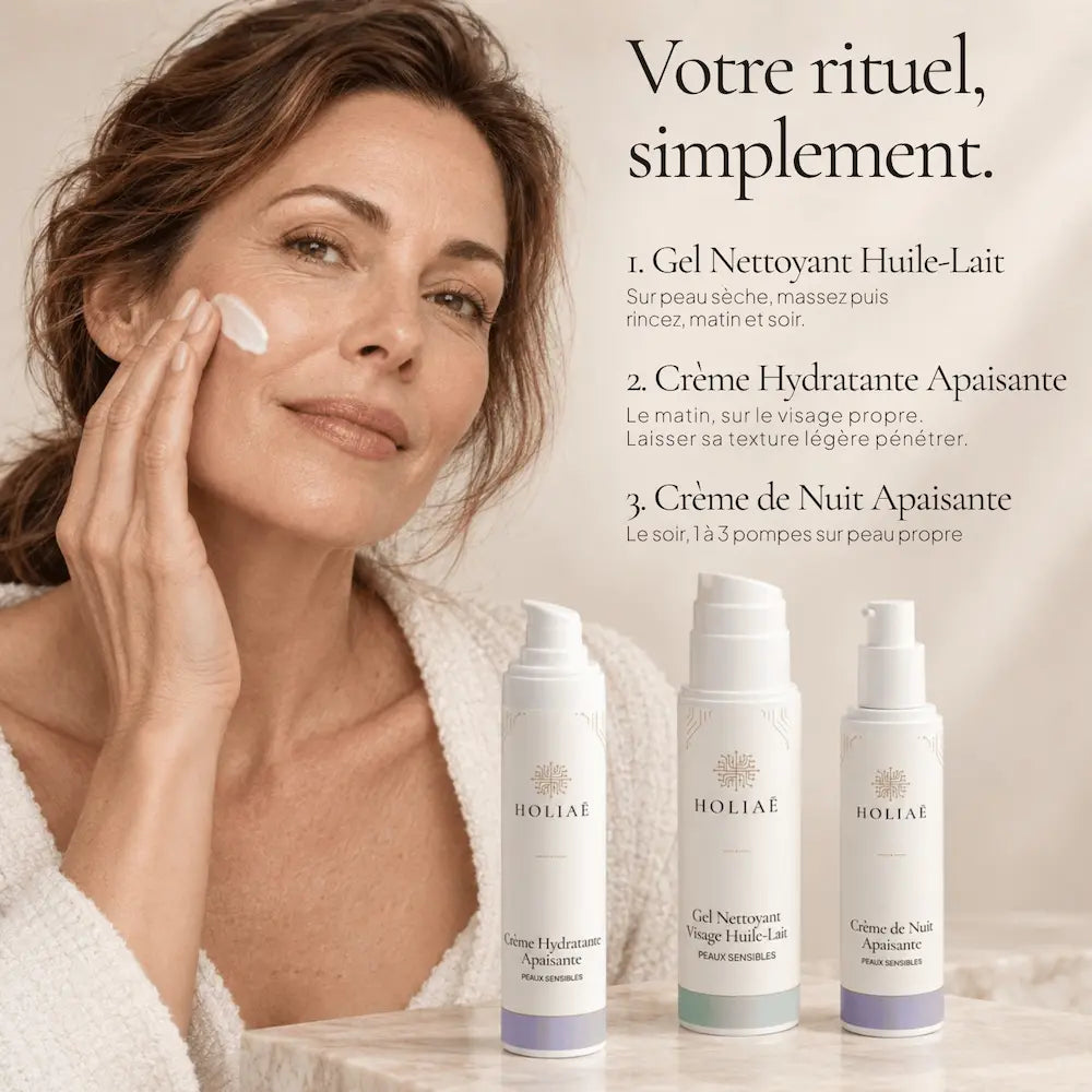 Application de la routine Trio Peaux Sensibles HOLIAĒ pour nettoyer, hydrater et apaiser