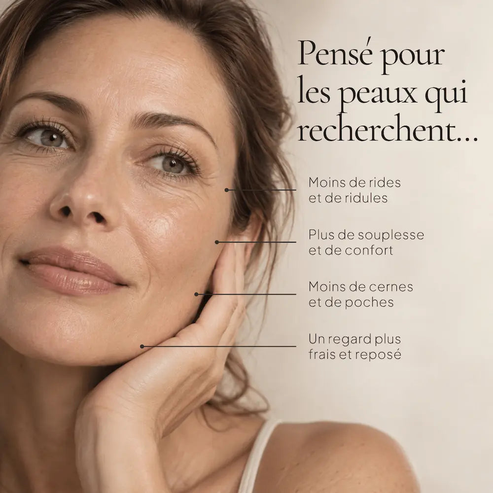 Portrait de femme illustrant les besoins ciblés par le Sérum Contour des Yeux Anti-Rides Rétinol-Like HOLIAĒ