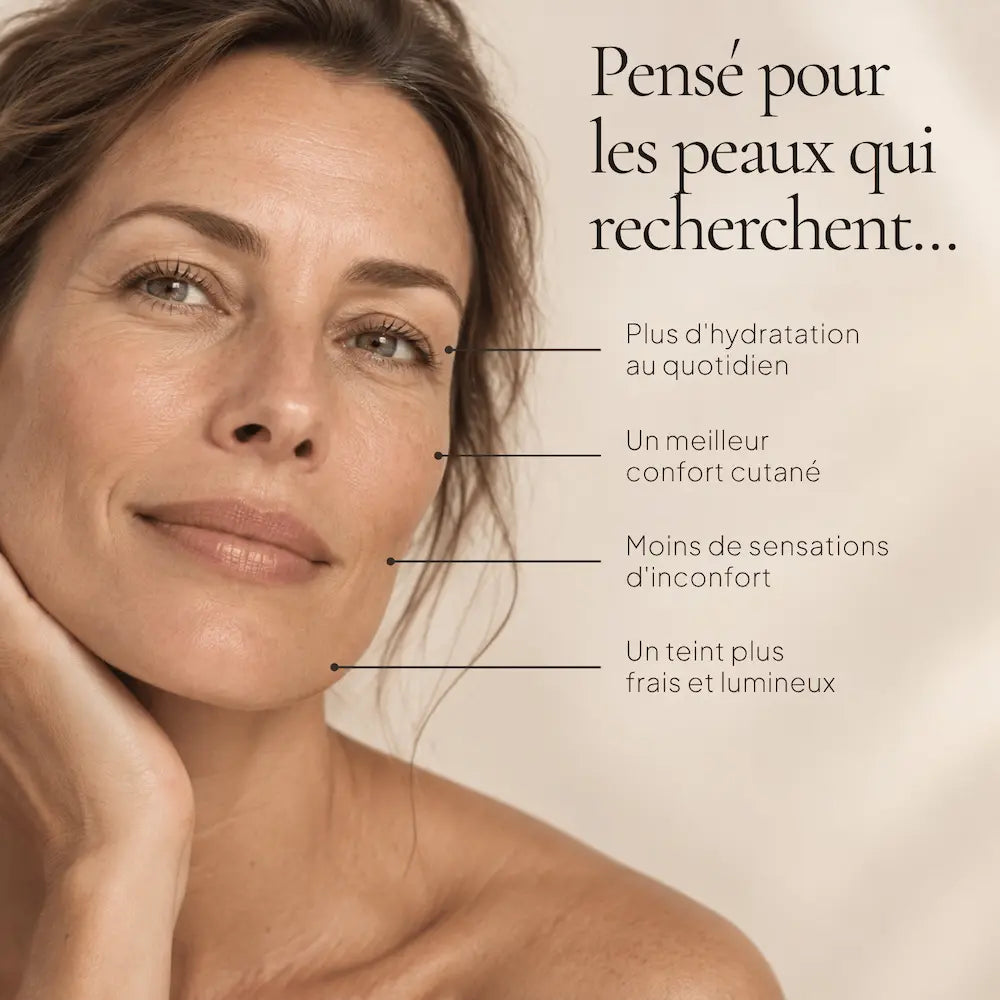 Portrait de femme illustrant les besoins ciblés par le Sérum Microbiome Hydratant & Rééquilibrant HOLIAĒ