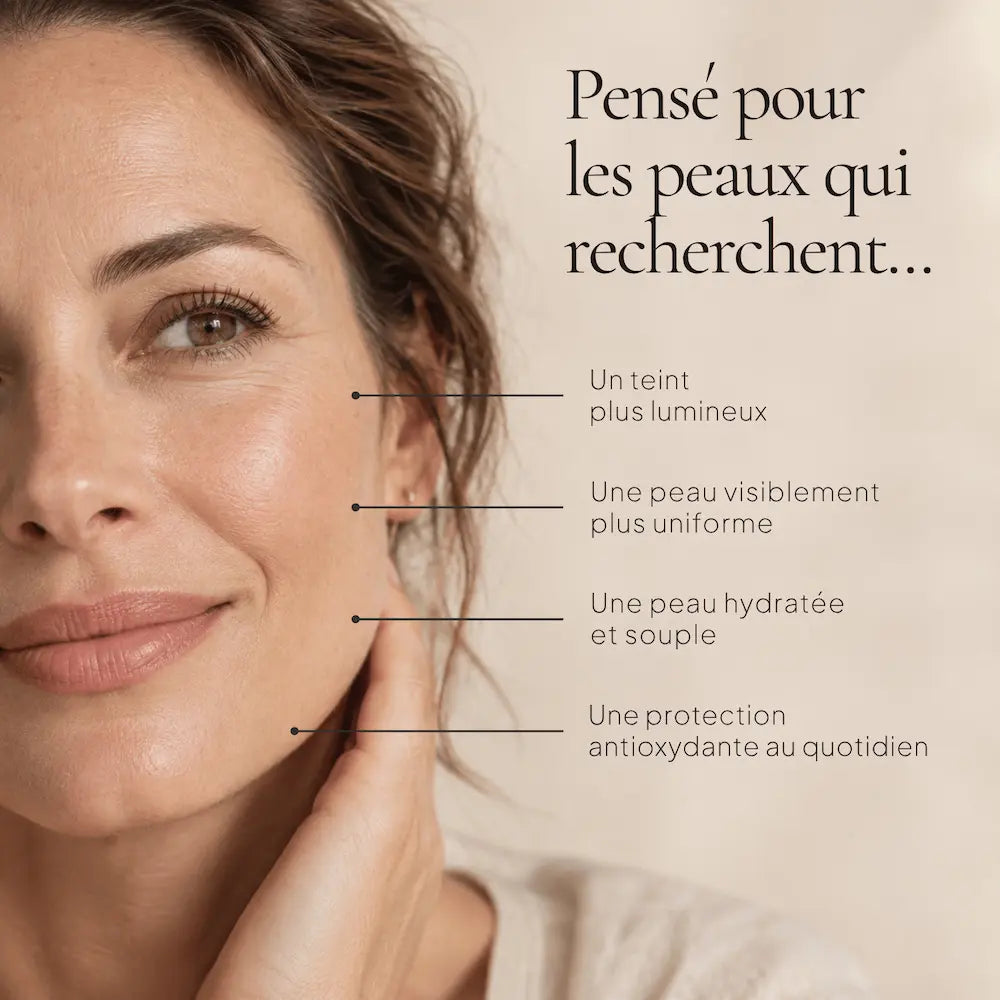 Portrait de femme illustrant les besoins ciblés par le Sérum Vitamine C Éclat & Antioxydant HOLIAĒ