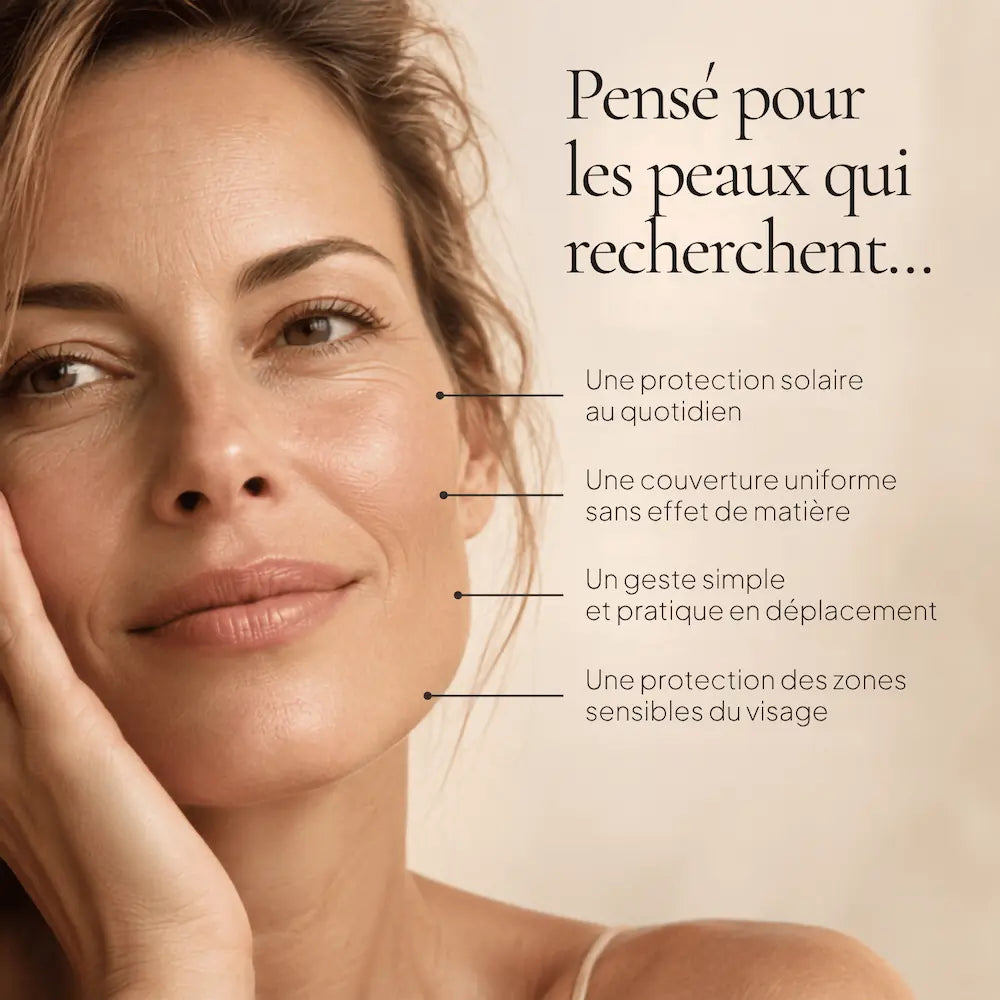 Portrait de femme illustrant les besoins de protection solaire ciblés par le Stick SPF50 Sans Teinte HOLIAĒ