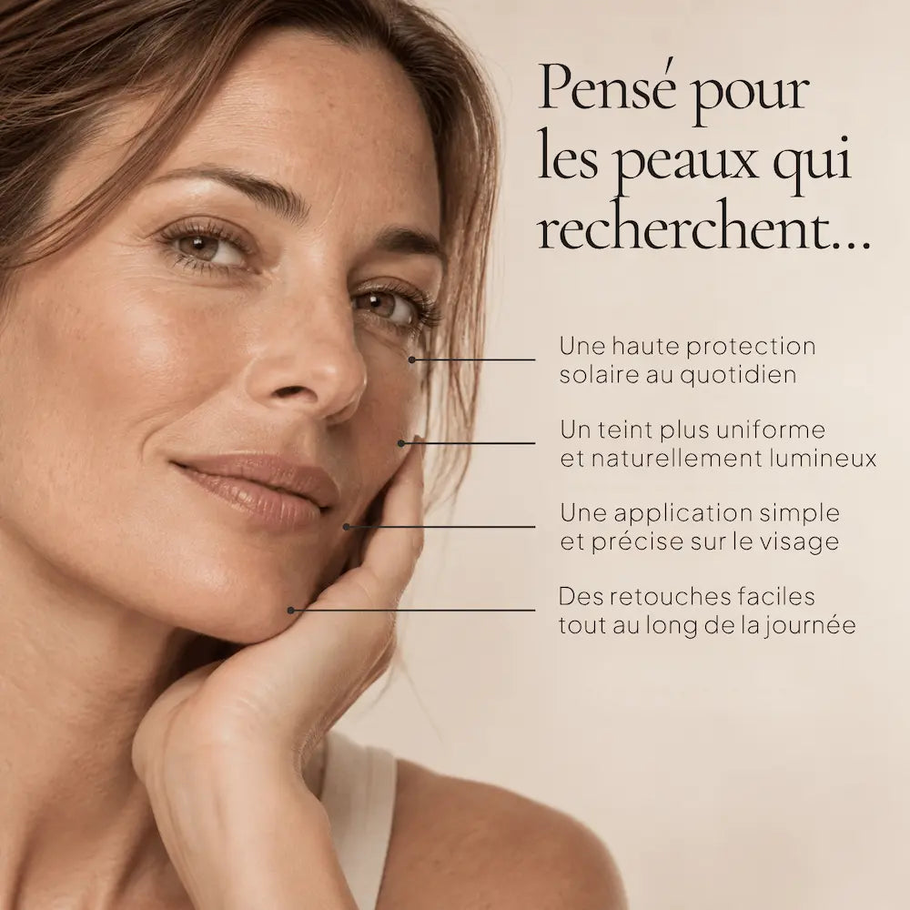 Portrait de femme illustrant les besoins ciblés par le Stick Solaire Visage SPF50 Teinté HOLIAĒ