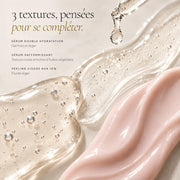 Textures des trois soins HOLIAĒ pour peau mature, hydratation, fermeté et renouveau