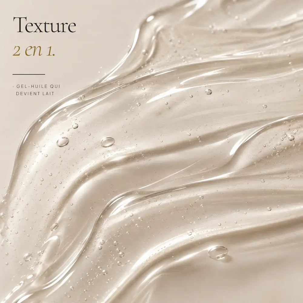 Texture huileuse se transformant en lait du Gel Nettoyant Visage Peaux Sensibles HOLIAĒ en macro