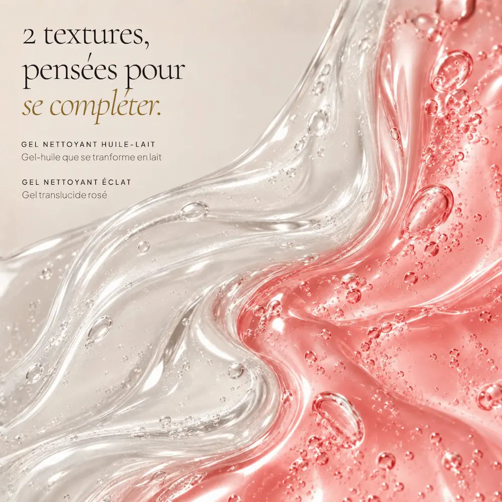 Textures huile-lait et gel moussant des deux nettoyants visage HOLIAĒ