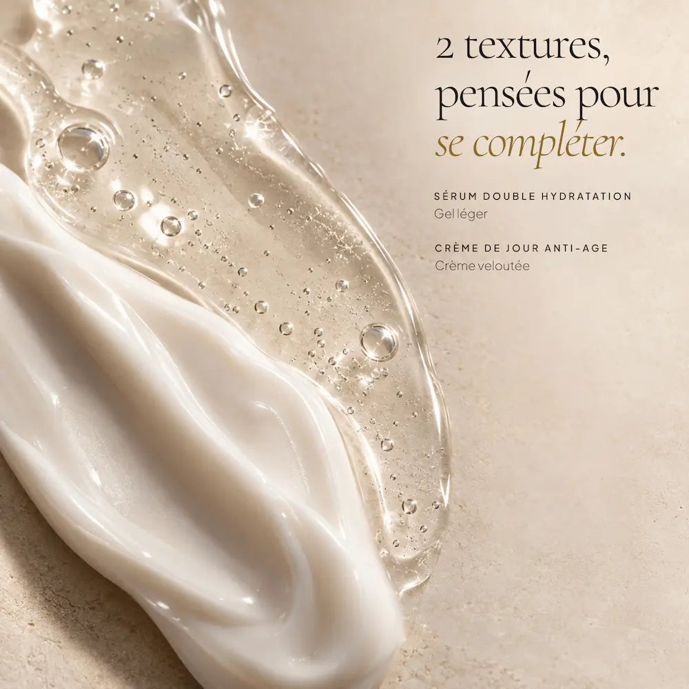 Textures du sérum hydratant et de la crème de jour à l’acide hyaluronique HOLIAĒ