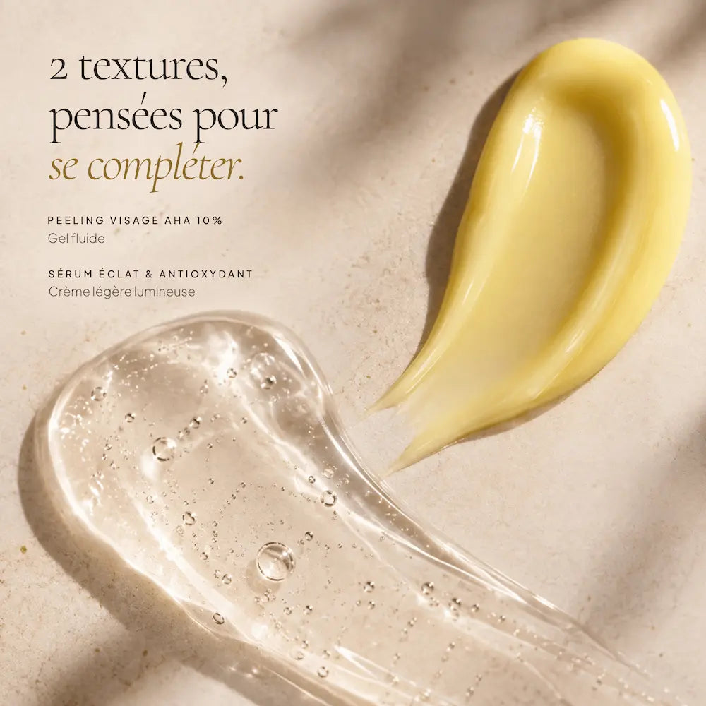Textures du sérum Vitamine C et du peeling AHA 10 % à l’acide lactique HOLIAĒ