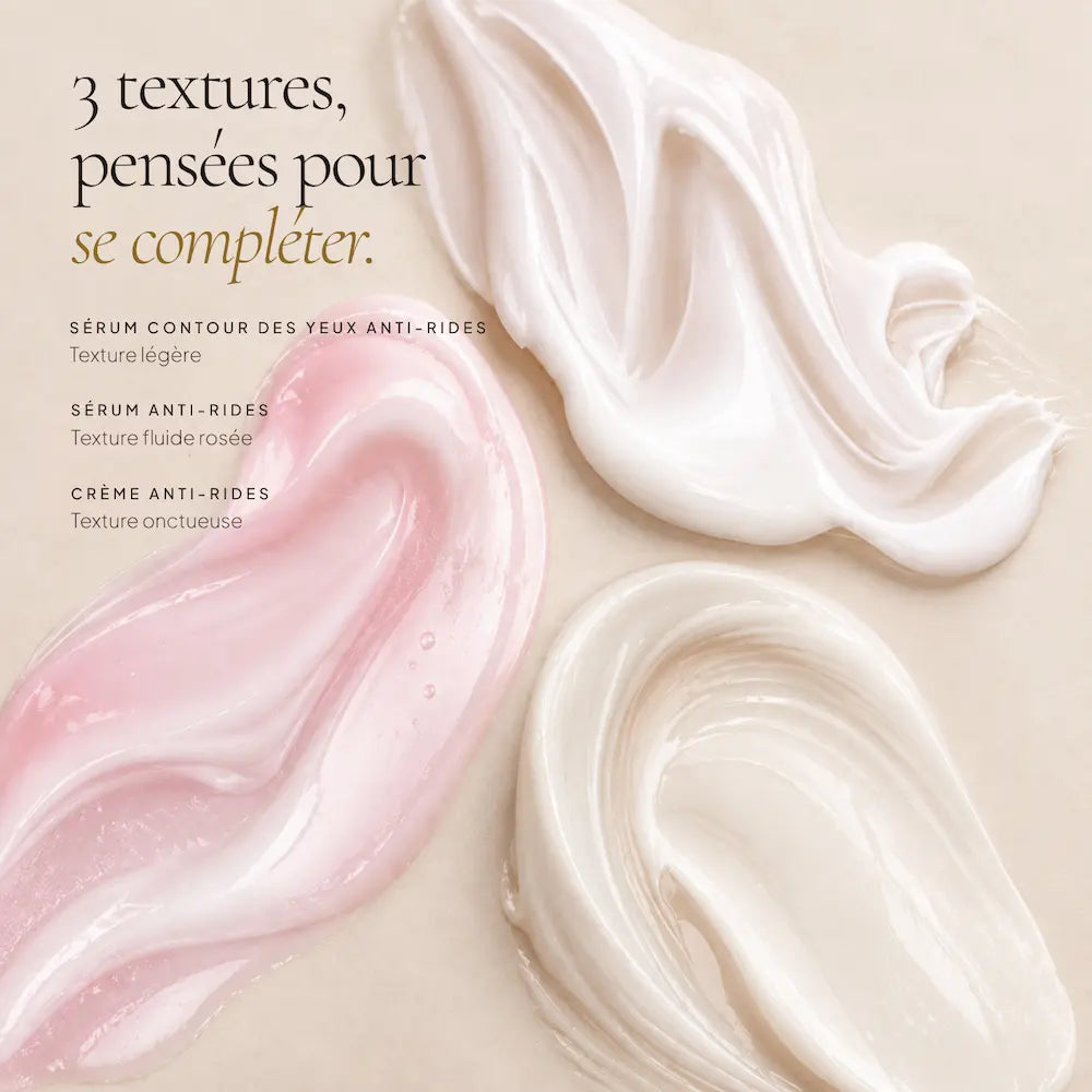 Textures des trois soins Rétinol-Like HOLIAĒ pour le visage et le contour des yeux