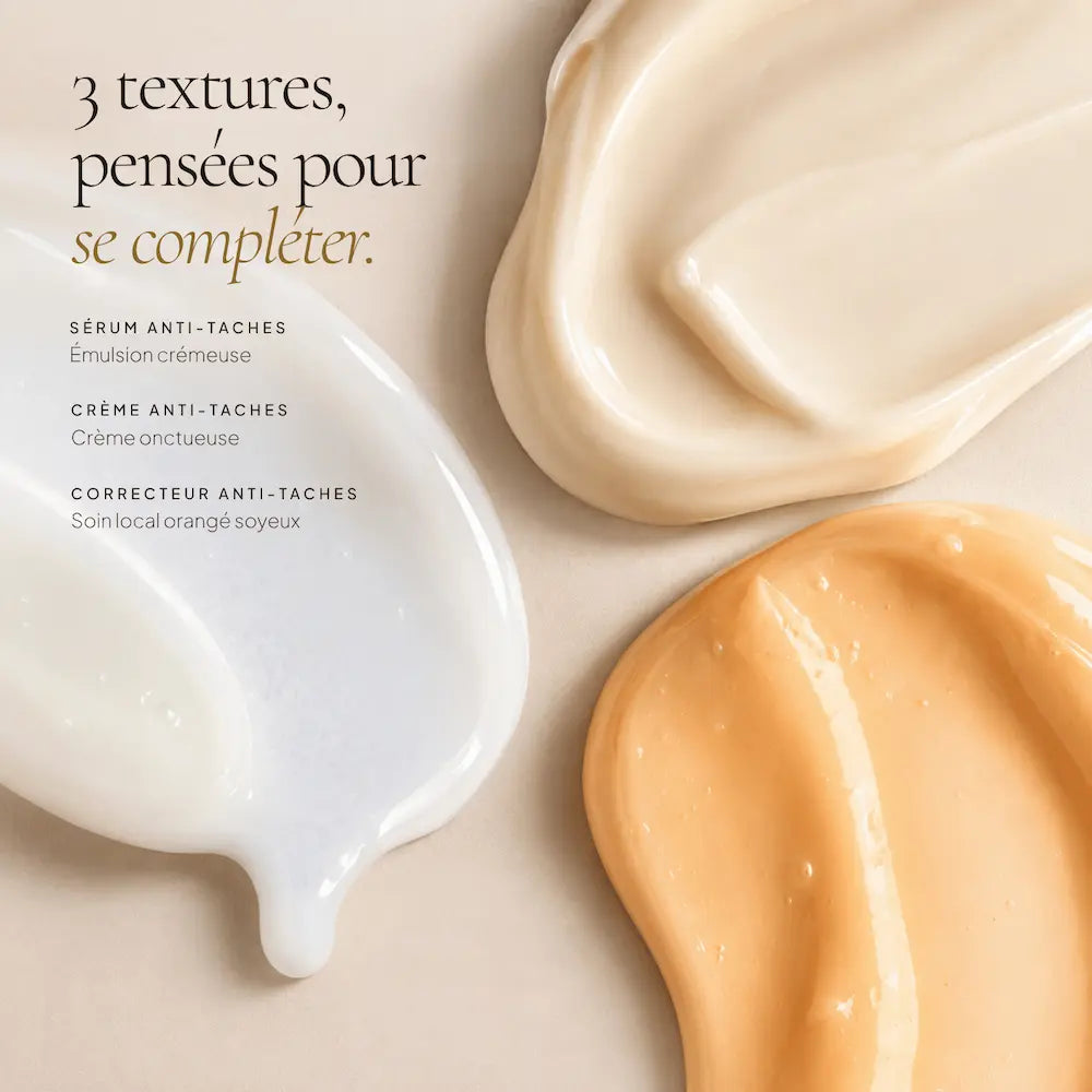 Textures des trois soins anti-taches HOLIAĒ pour le visage et les zones ciblées