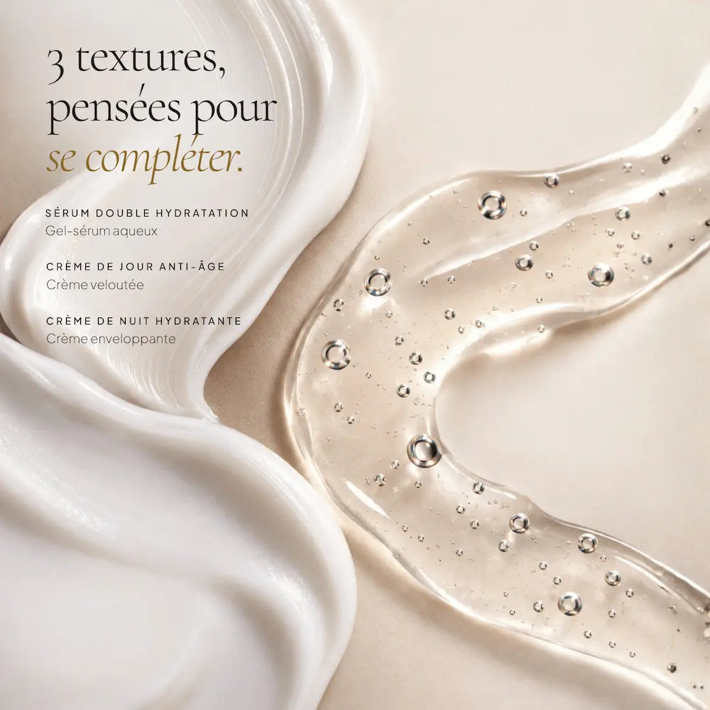 Textures du sérum hydratant, de la crème de jour et de la crème de nuit HOLIAĒ
