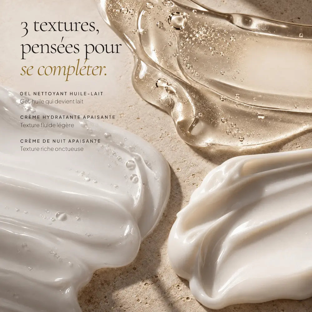 Textures du nettoyant huile-lait et des deux crèmes apaisantes HOLIAĒ