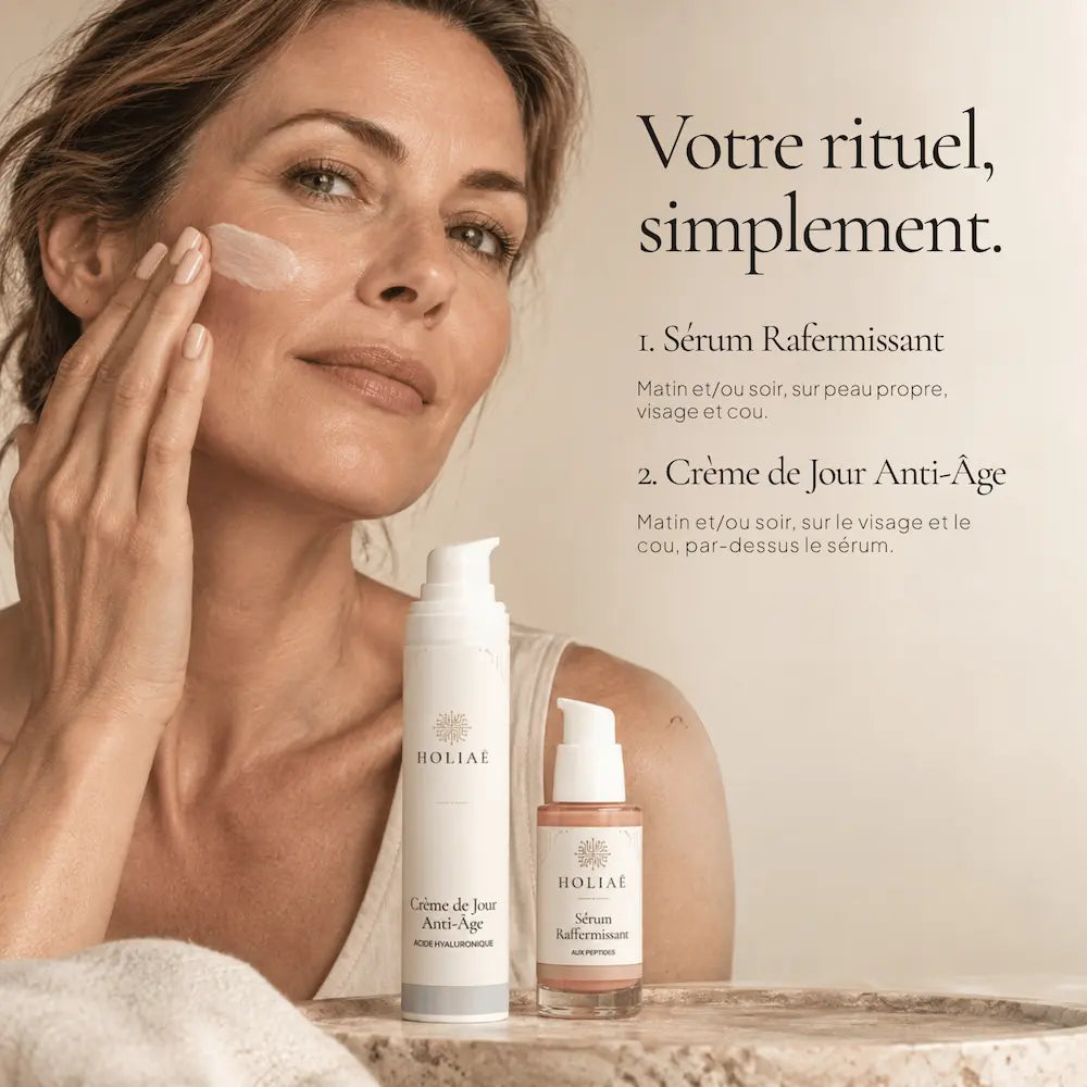 Application des soins du Coffret Anti-Âge Essentiels HOLIAĒ sur le visage