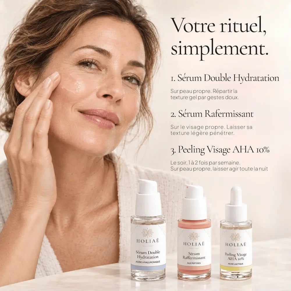 Application de la routine Peau Mature Renouveau et Fermeté HOLIAĒ sur le visage