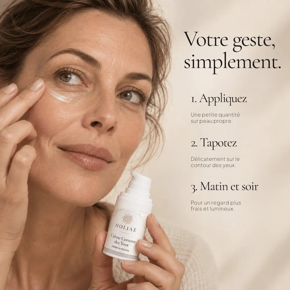 Application de la Crème Contour des Yeux Anti-Cernes & Poches HOLIAĒ autour des yeux