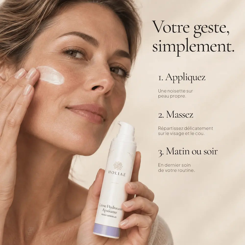Application de la Crème Hydratante Apaisante Peaux Sensibles HOLIAĒ sur le visage