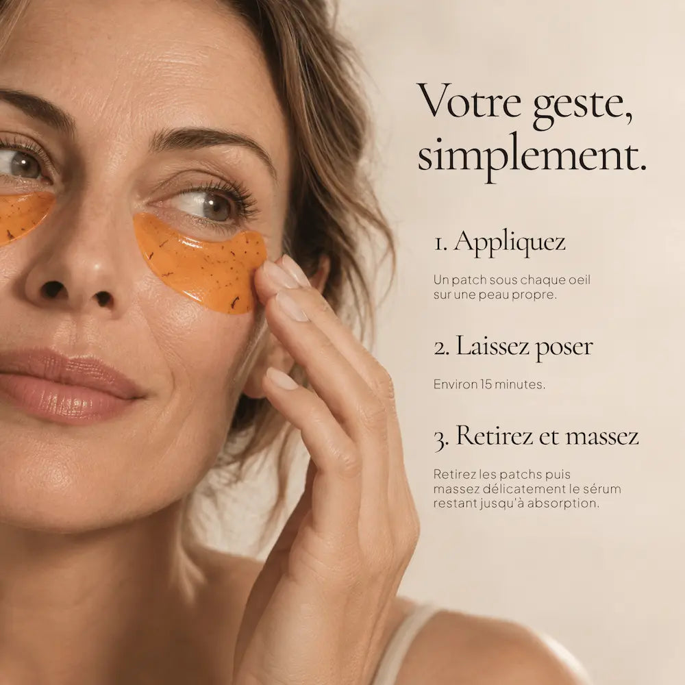 Application des Patchs Yeux Hydrogel Défatigants HOLIAĒ sous les yeux pendant environ 15 minutes