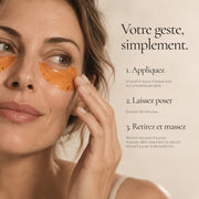 Application des Patchs Yeux Hydrogel Défatigants HOLIAĒ sous les yeux pendant environ 15 minutes