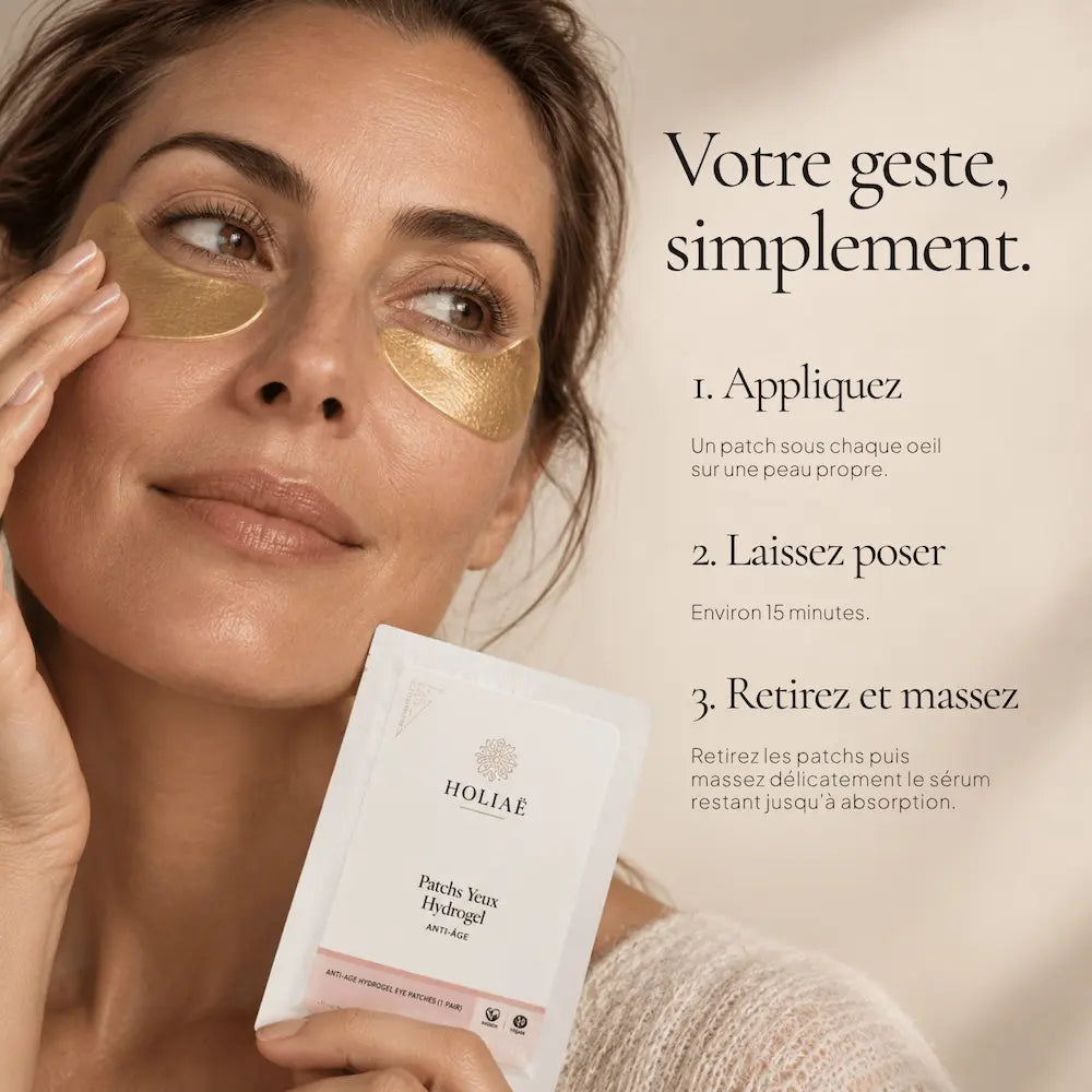 Application des Patchs Yeux Hydrogel Hydratants & Lissants HOLIAĒ sous les yeux pendant 15 minutes
