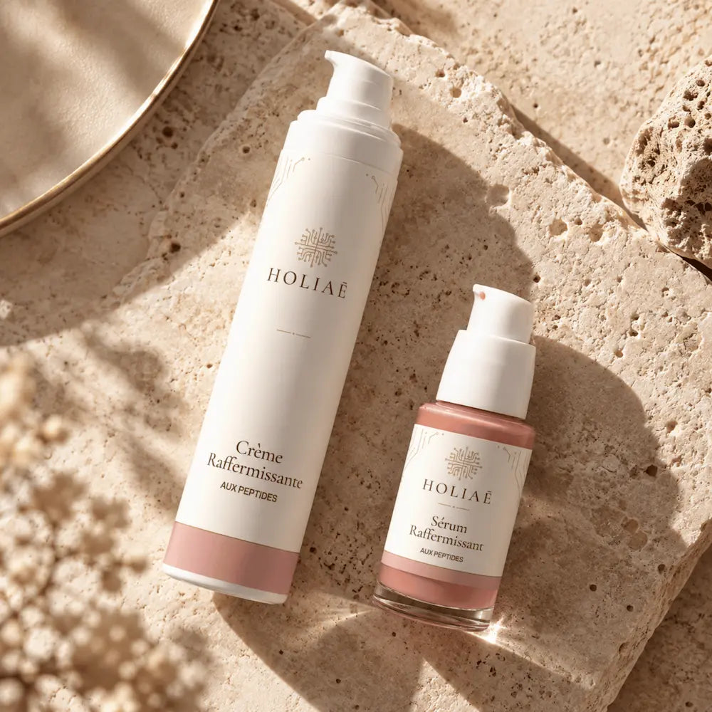 Routine Duo Anti-Âge aux Peptides HOLIAĒ en mise en scène éditoriale sur travertin
