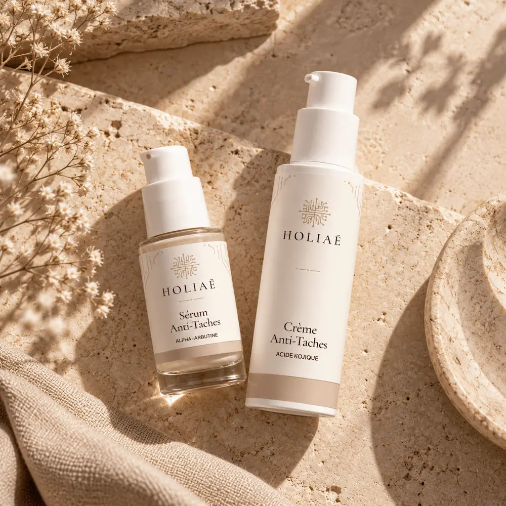 Routine Duo Anti-Taches Brunes HOLIAĒ en mise en scène éditoriale sur travertin